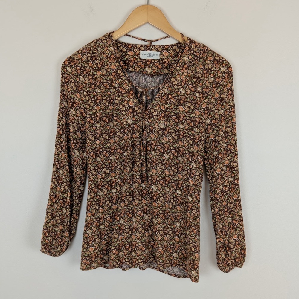 Natural Life Rowan Floral Long Sleeve Top Tie Front Boho Style